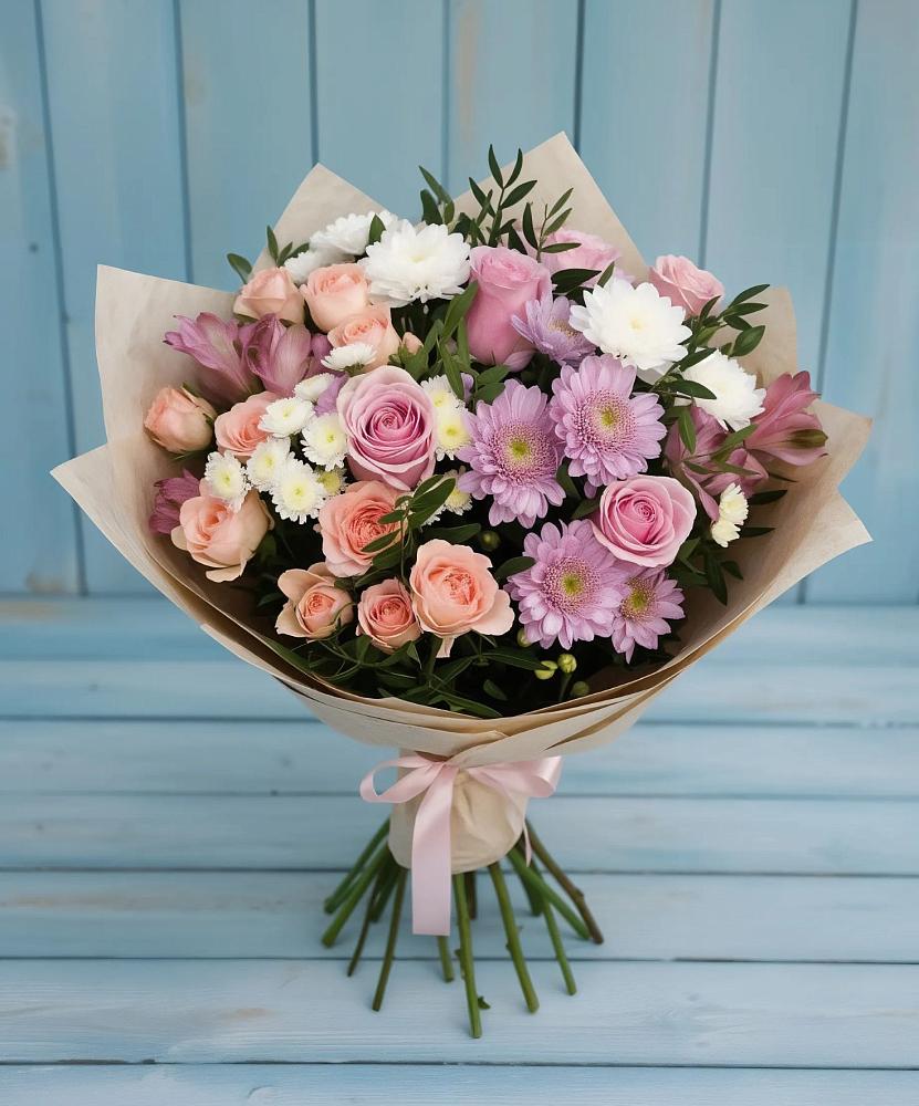 Букет цветов из: Хризантемы, Розы и Альстромерии в Марках