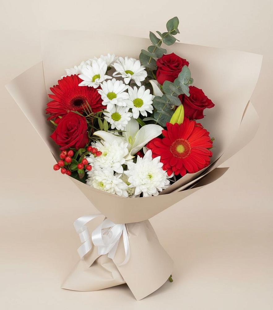 Букет цветов из: Розы, Хризантемы, Герберы и Лилии в Марках
