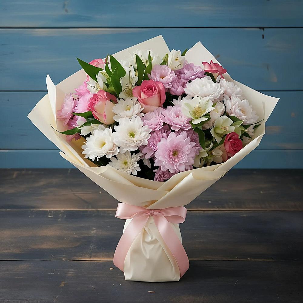 Букет цветов из: Хризантемы, Альстромерии и Розы в Марках